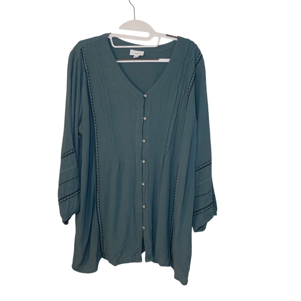 J Jill Blue Green Embroidered Pintuck Prairie Tunic L Cottagecore Lagenlook